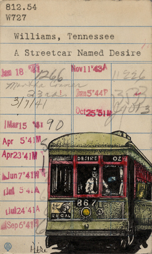 Heidi Pitre art of a streetcar on Tennessee Williams a streetcar named desire vintage library card. gifts for librarians and book lovers.