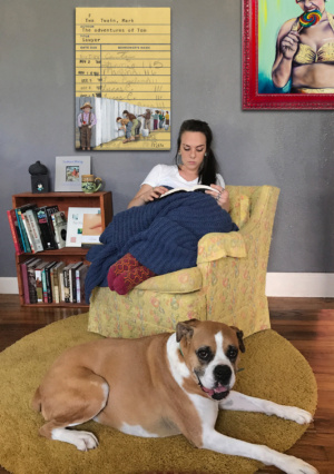 Heidi Pitre gouache painting of Tom Sawyer whitewashing fence on vintage mark twain library card. gifts for librarians and book lovers.