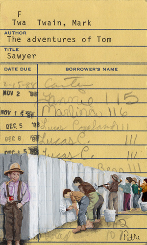 Heidi Pitre gouache painting of Tom Sawyer whitewashing fence on vintage mark twain library card. gifts for librarians and book lovers.