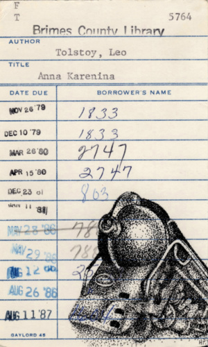 Heidi Pitre pen and ink illustration on vintage library card of Tolstoy's Anna karenina. gifts for librarians and book lovers.