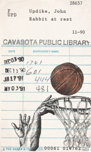 Heidi Pitre illustrates a basket ball hoop and ball on vintage library card of Updike's rabbit at rest. gifts for librarians and book lovers.