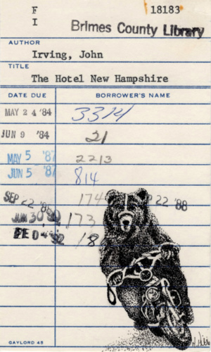 Heidi Pitre pen and ink drawing of a bear on a motorbike on John Irving's hotel new lampshire library card. gifts for librarians and book lovers.