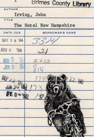 John Irving’s “The Hotel New Hampshire” Upcycled Library Card Print