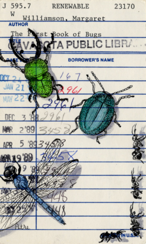 Heidi Pitre watercolor illustration of the book of bugs on vintage library card. gifts for librarians and book lovers.
