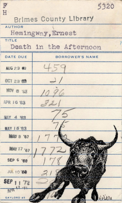 Heidi Pitre drawing of a bull in pen and ink on a death in the afternoon vintage library card. gifts for librarians and book lovers.