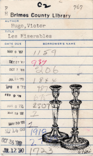 Heidi Pitre illustration of victor Hugo's les miserables candlesticks in pen and ink on vintage library card. gifts for librarians and book lovers.