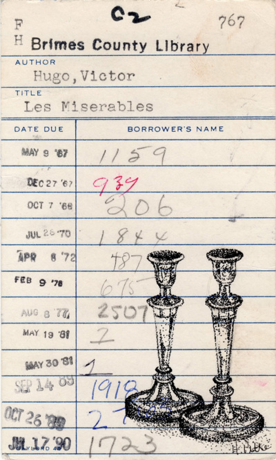 Heidi Pitre illustration of victor Hugo's les miserables candlesticks in pen and ink on vintage library card. gifts for librarians and book lovers.