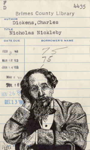 Heidi Pitre drawing in pen and ink of Charles dickens Nicholas nickleby library card. gifts for librarians and book lovers.
