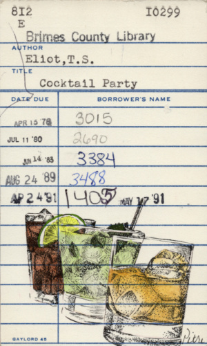 Heidi Pitre illustrates cocktails in watercolor on vintage library card of t s Eliot's cocktails. gifts for librarians and book lovers.