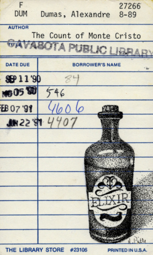 Heidi pitre illustrates a bottle of elixir in pen and ink on vintage library card for the count of monte Cristo. gifts for librarians and book lovers.