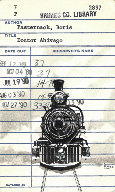 Heidi Pitre illustrates in pen and ink a train in the snow on Boris pasternack's doctor Zhivago on vintage library card. gifts for librarians and book lovers.