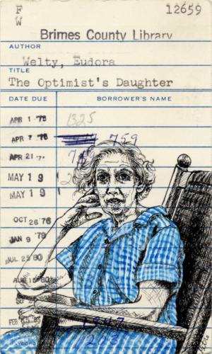 Heidi Pitre drawing of Eudora Welty wearing a blue gingham dress in a rocking chair on a vintage library car for the optimist's daughter. gifts for librarians and book lovers.