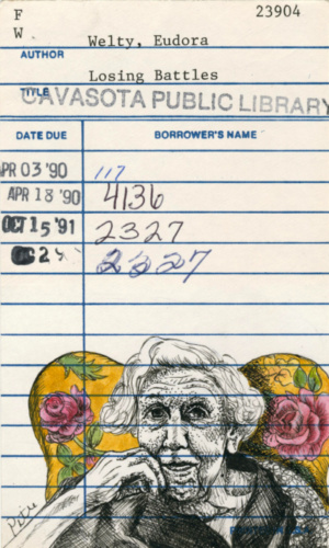 Heidi Pitre illustration in watercolor of Eudora Welty sitting on a floral stuffed chair. gifts for librarians and book lovers.