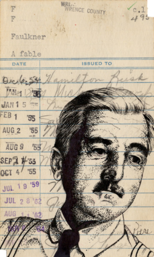 Heidi Pitre pen and ink drawing of William Faulkner on vintage library card. gifts for librarians and book lovers.