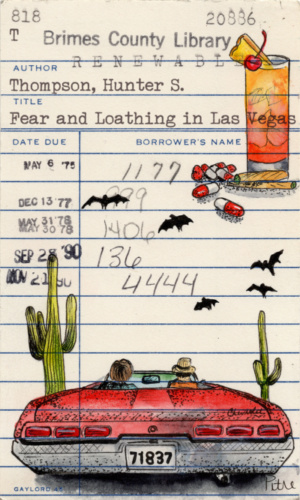 Heidi Pitre illustrates fear and loathing in Las Vegas by hunter s Thompson with a red convertible and cocktail on vintage library card. gifts for librarians and book lovers.