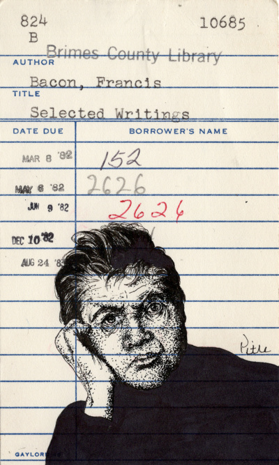 Heidi Pitre illustrates this portrait of Francis bacon on vintage library card. gifts for librarians and book lovers.