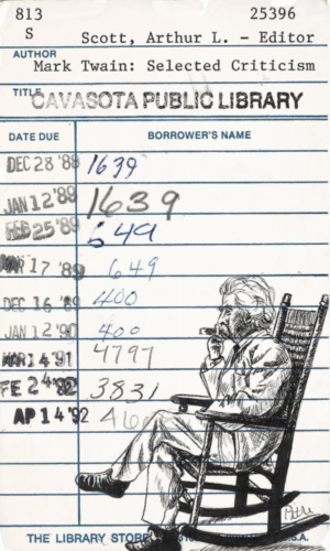 Heidi Pitre illustration in pen and ink of mark twain in a rocking chair smoking a cigar on a vintage library card. gifts for librarians and book lovers.