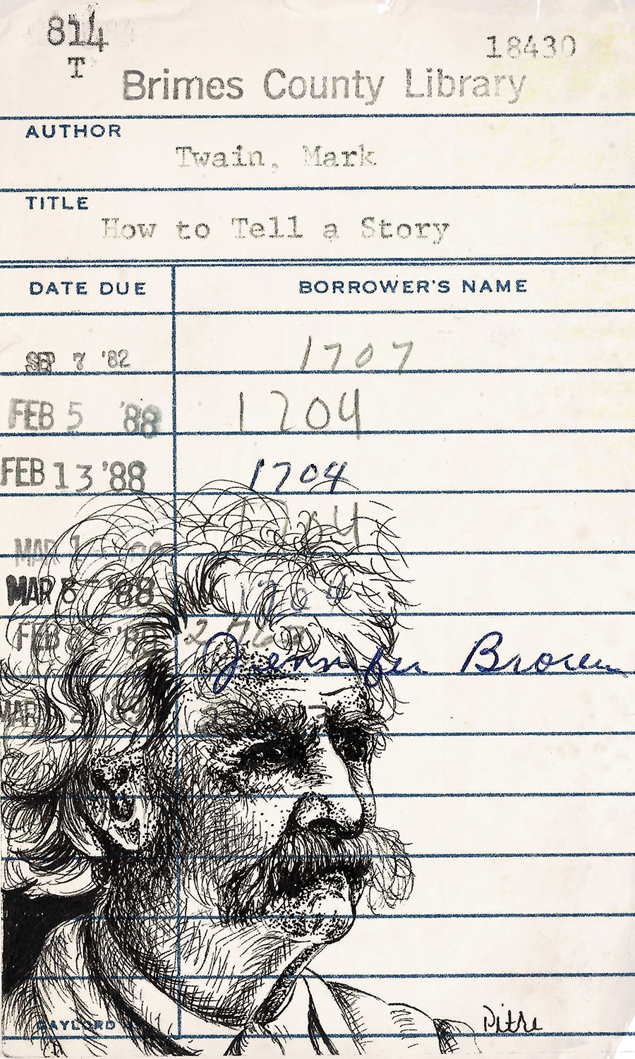 Heidi Pitre pen and ink drawing of Mark Twain on a vintage library borrower card on how to tell a story