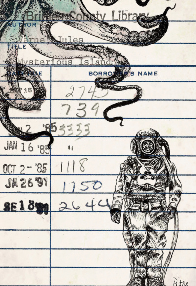 Jules Verne’s “Mysterious Island” Upcycled Library Card Print