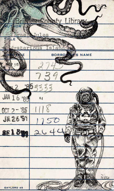 Heidi Pitre illustration of an octopus and deep sea diver on a vintage library card for mysterious island. gifts for librarians and book lovers.