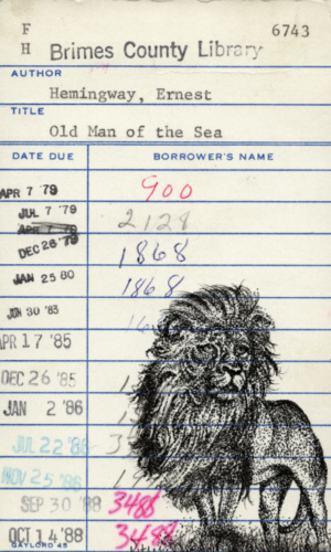 Heidi Pitre drawing in pen and ink of a lion on a vintage library card of old man and the sea. gifts for librarians and book lovers.