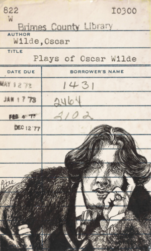 Heidi Pitre illustration in pen and ink of Oscar Wilde on a vintage library card. gifts for librarians and book lovers.
