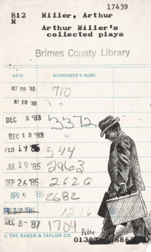Heidi Pitre pen and ink drawing of a salesman with a briefcase for author miller's death of a salesman on vintage library card.