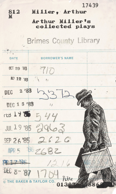 Heidi Pitre pen and ink drawing of a salesman with a briefcase for author miller's death of a salesman on vintage library card.