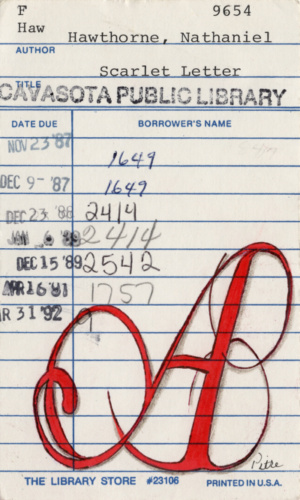 Heidi Pitre drawing of capital red letter a on vintage library card the scarlet letter by Hawthorne. gifts for librarians and book lovers