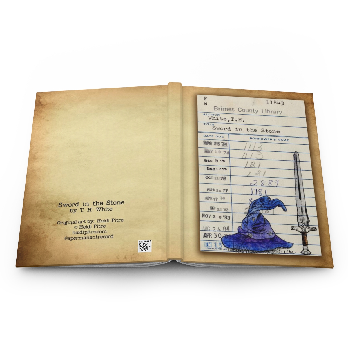 Heid Pitre writing journal with an old library borrowers card on the cover of the sword in the stone for book lovers and librarians.