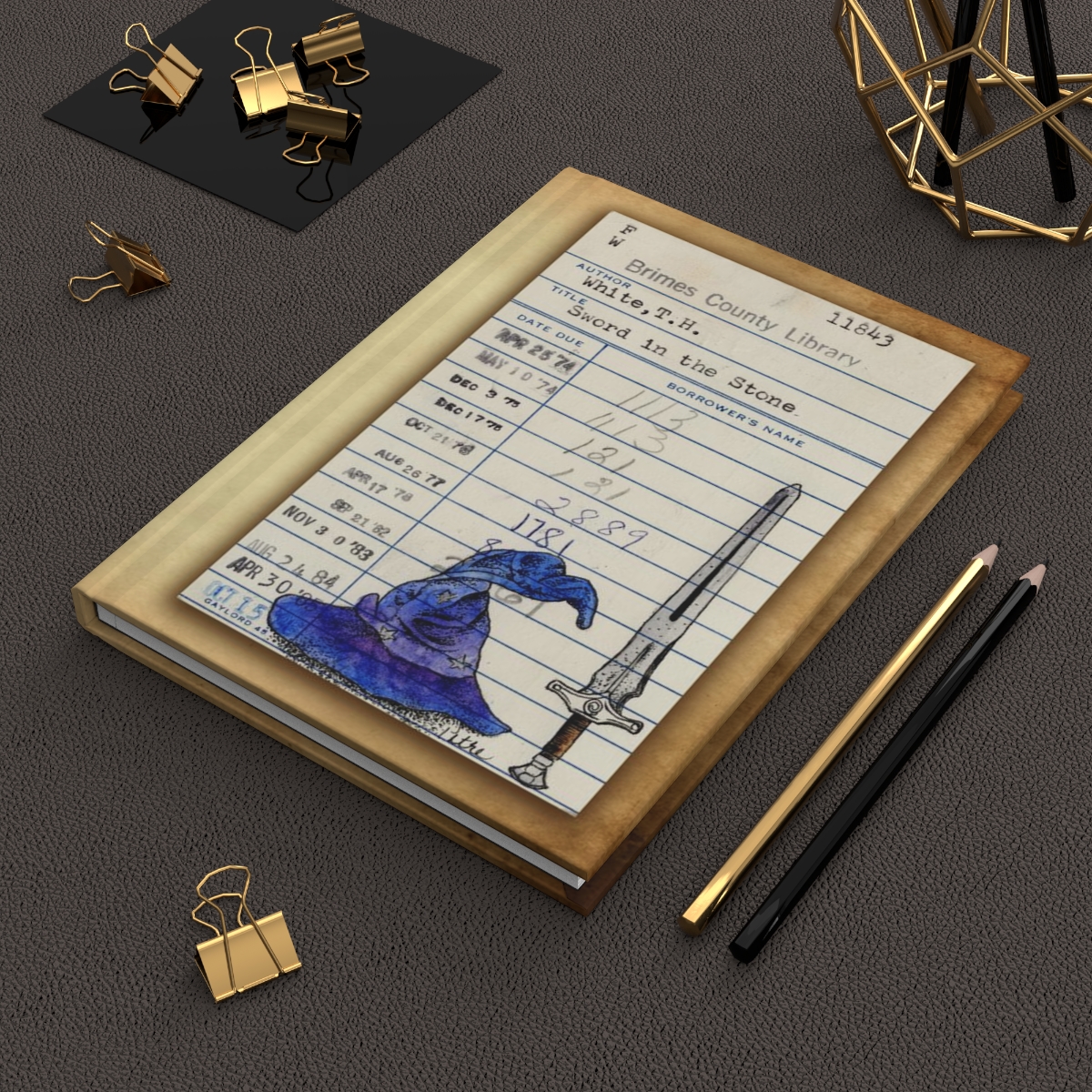 Heid Pitre writing journal with an old library borrowers card on the cover of the sword in the stone for book lovers and librarians.