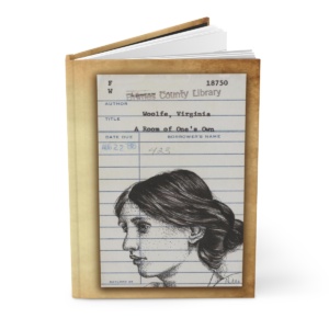 Heid Pitre writing journal with an old library borrowers card on the cover of Virginia Woolf A room of one's own for book lovers and librarians.