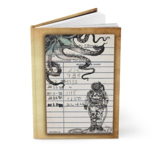 Heid Pitre writing journal with an old library borrowers card on the cover of an octopus and sea diver from Mysterious Island for book lovers and librarians.