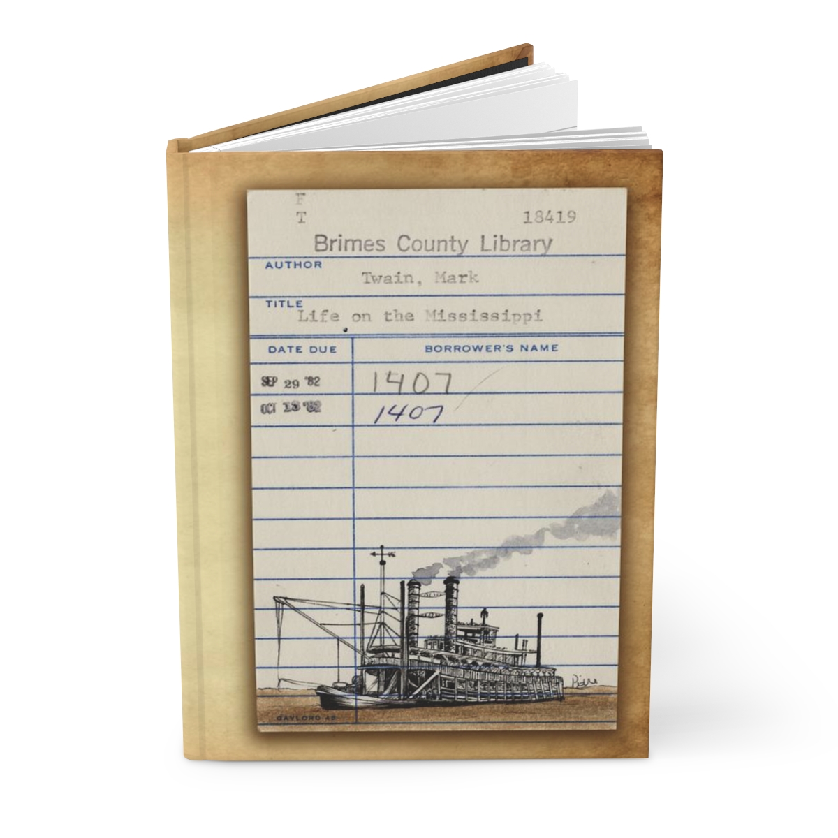 Heid Pitre writing journal with an old library borrowers card on the cover of Fear and loathing in Las Vegas for book lovers and librarians.