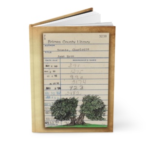 Heid Pitre writing journal with an old library borrowers card on the cover of a tree from Jane Eyre for book lovers and librarians.