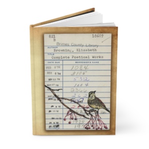 Heid Pitre writing journal with an old library borrowers card on the cover of Bird on a branch for book lovers and librarians.