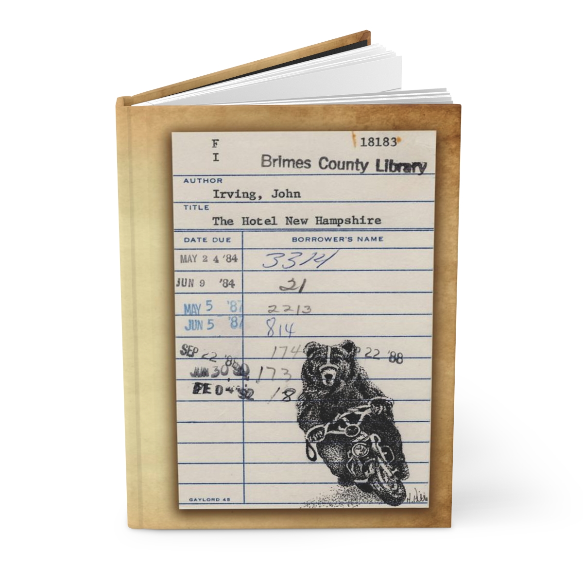 Heid Pitre writing journal with an old library borrowers card on the cover of Hotel New Hampshire for book lovers and librarians.