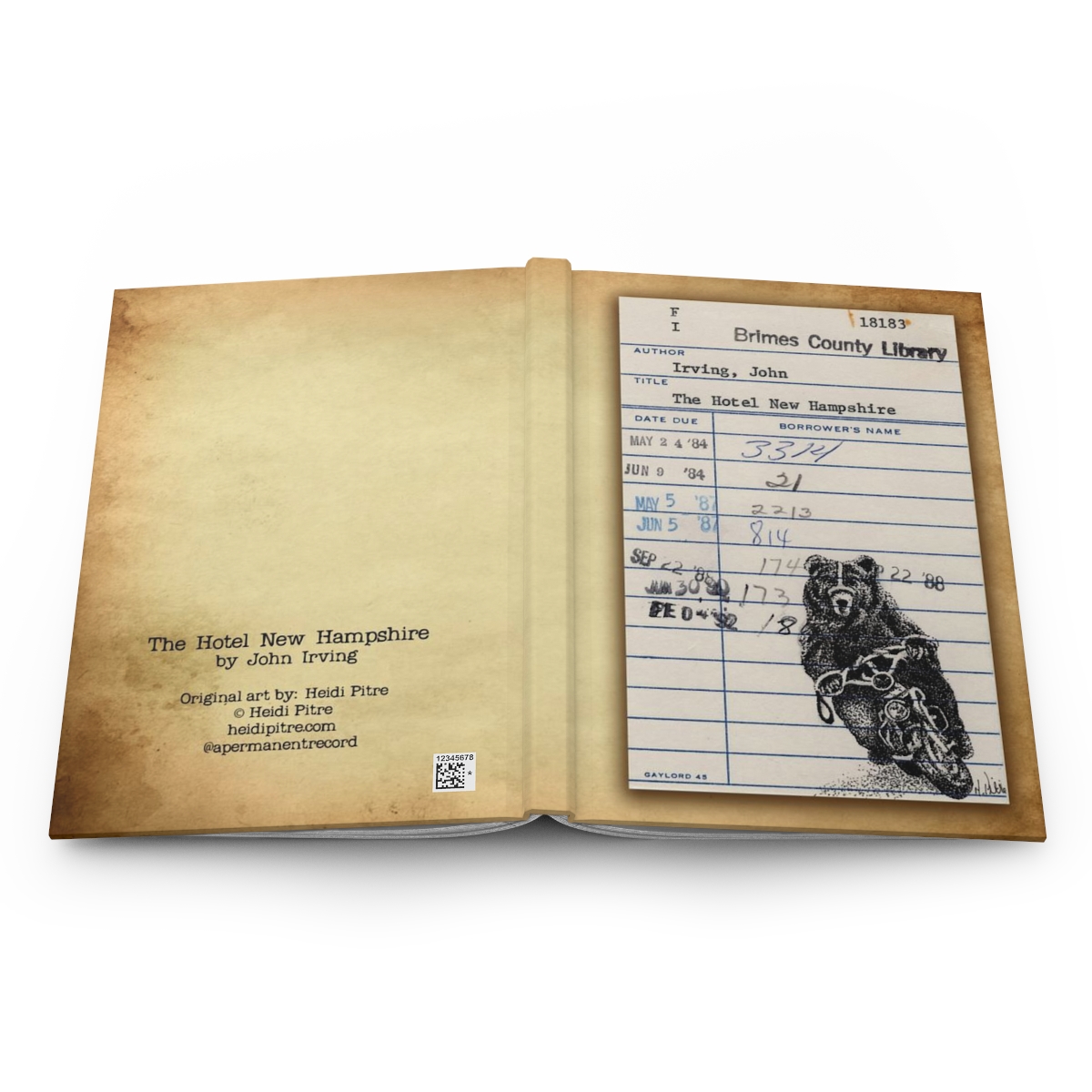 Heid Pitre writing journal with an old library borrowers card on the cover of Hotel New Hampshire for book lovers and librarians.