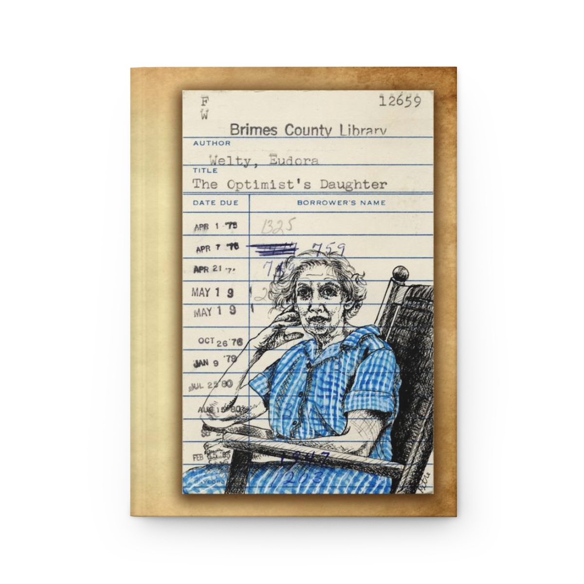 Heid Pitre writing journal with an old library borrowers card on the cover of Eudora Welty for book lovers and librarians.