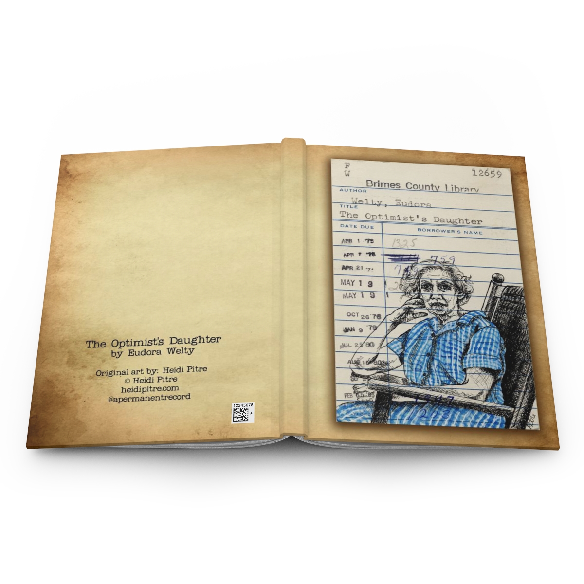 Heid Pitre writing journal with an old library borrowers card on the cover of Eudora Welty for book lovers and librarians.