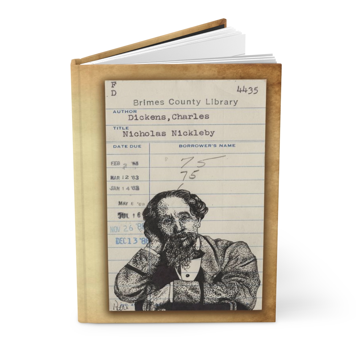 Heid Pitre writing journal with an old library borrowers card on the cover of Charles Dickens for book lovers and librarians.