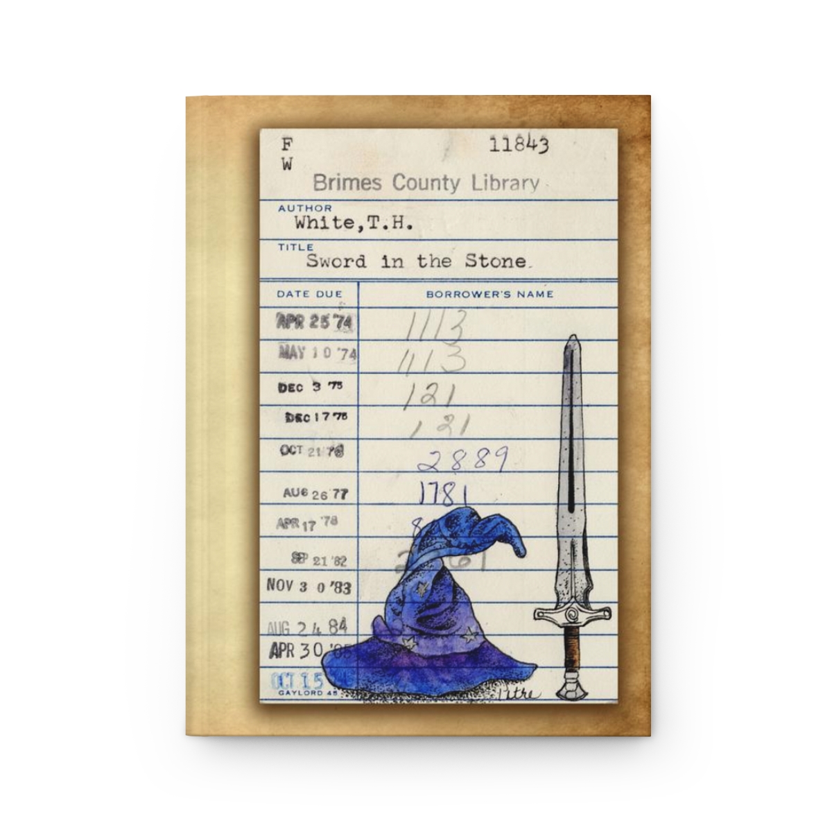Heid Pitre writing journal with an old library borrowers card on the cover of the sword in the stone for book lovers and librarians.