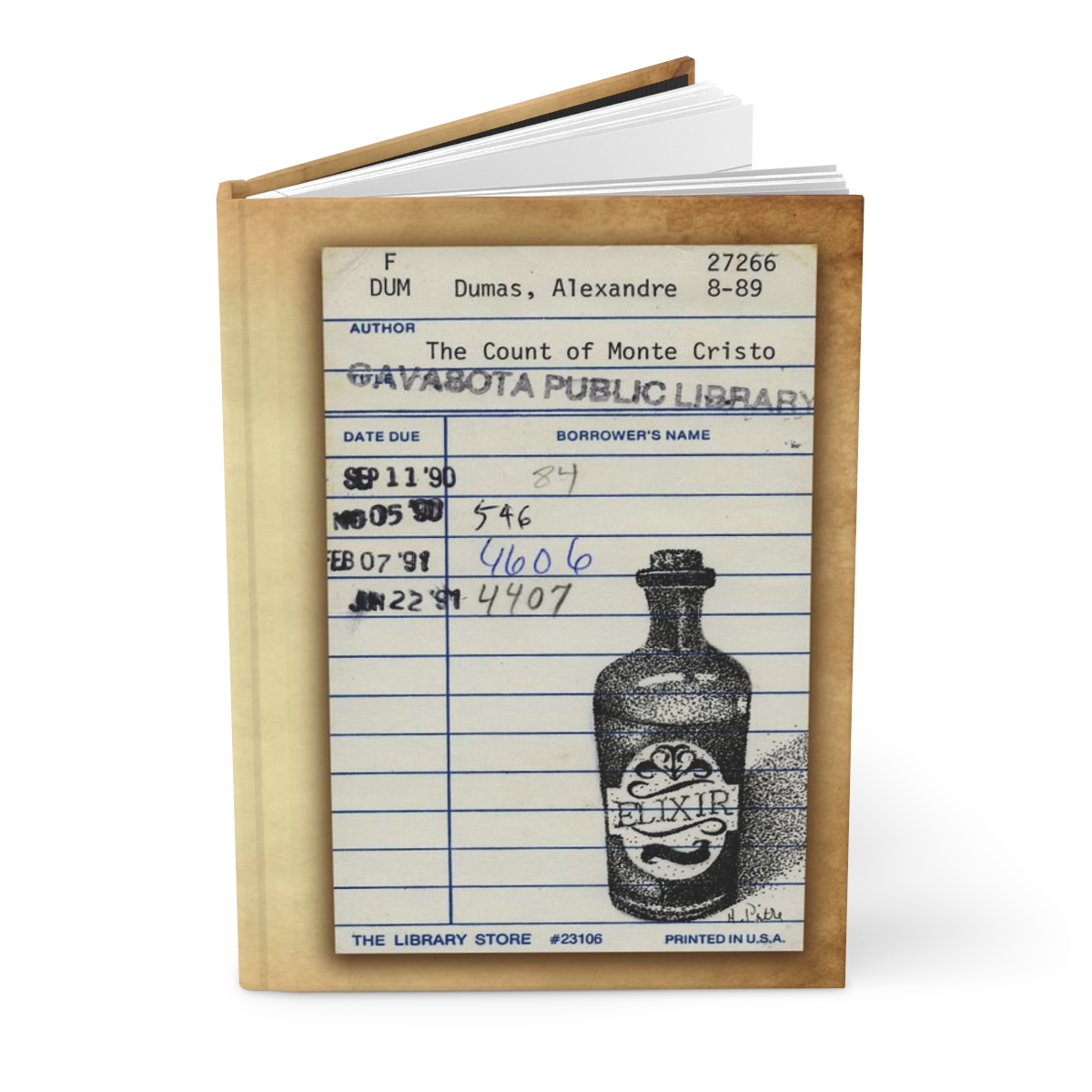 Heid Pitre writing journal with an old library borrowers card on the cover of Dumas' Count of Monte Cristo for book lovers and librarians.