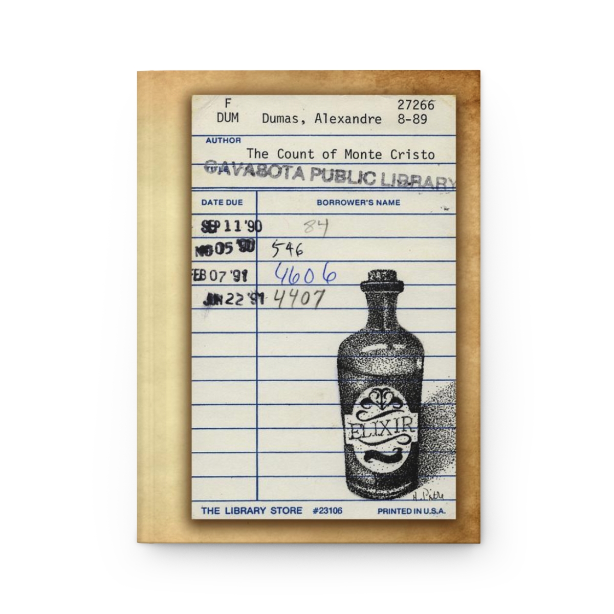 Heid Pitre writing journal with an old library borrowers card on the cover of Dumas' Count of Monte Cristo for book lovers and librarians.