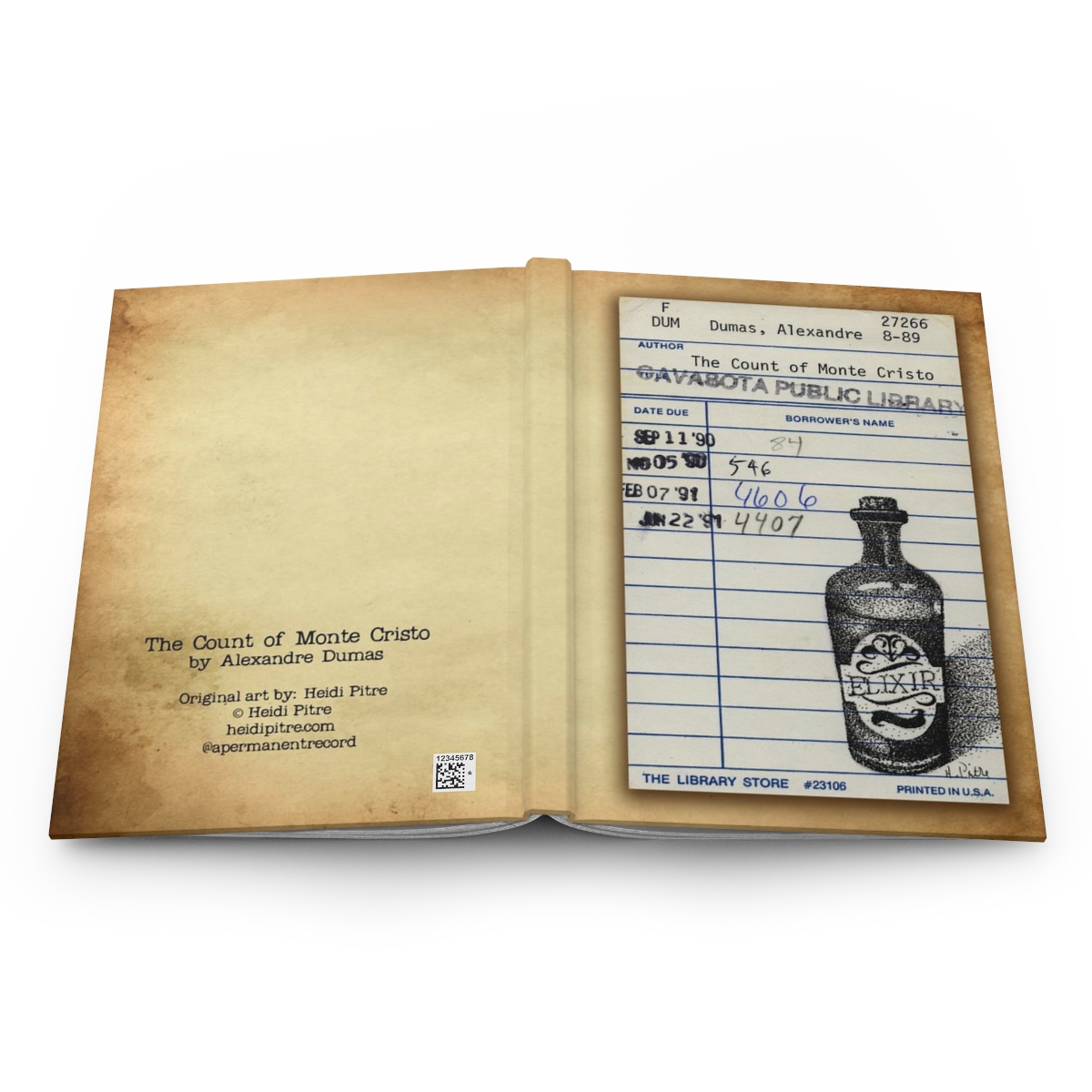 Heid Pitre writing journal with an old library borrowers card on the cover of Dumas' Count of Monte Cristo for book lovers and librarians.