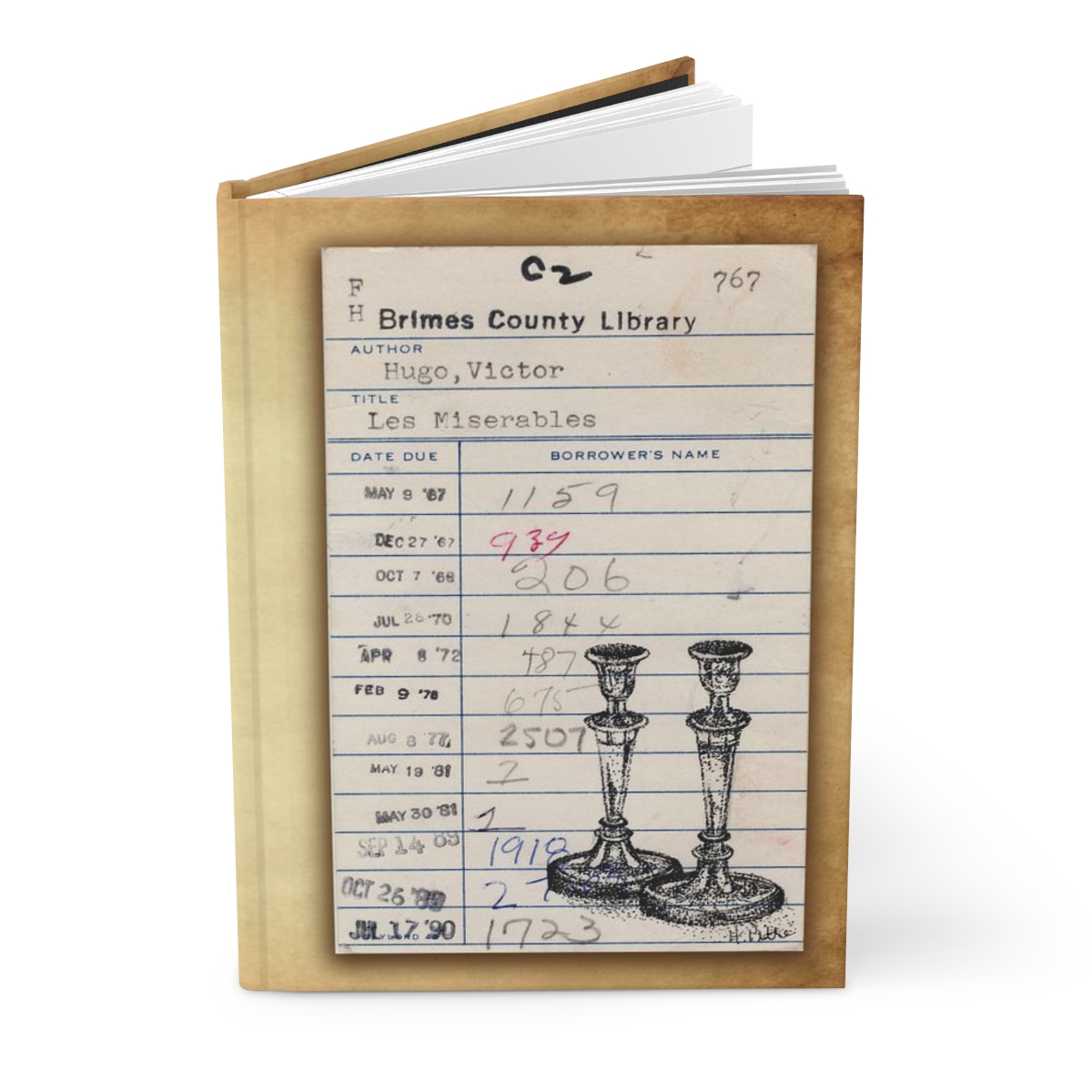 Heid Pitre writing journal with an old library borrowers card on the cover of Les Mis candlesticks for book lovers and librarians.
