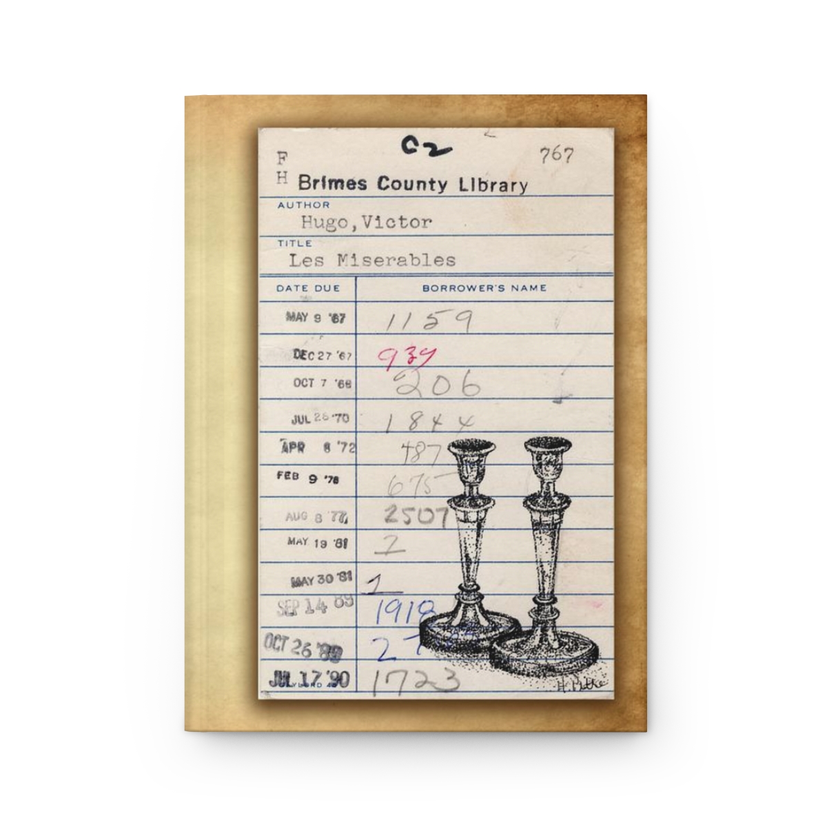 Heid Pitre writing journal with an old library borrowers card on the cover of Les Mis candlesticks for book lovers and librarians.