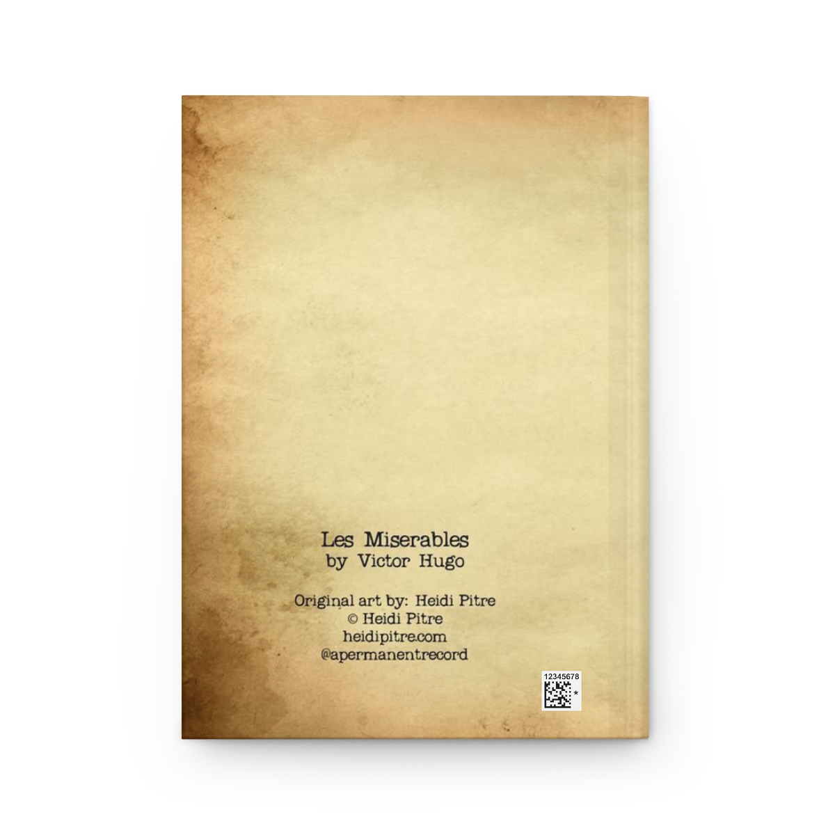 Heid Pitre writing journal with an old library borrowers card on the cover of Les Mis candlesticks for book lovers and librarians.