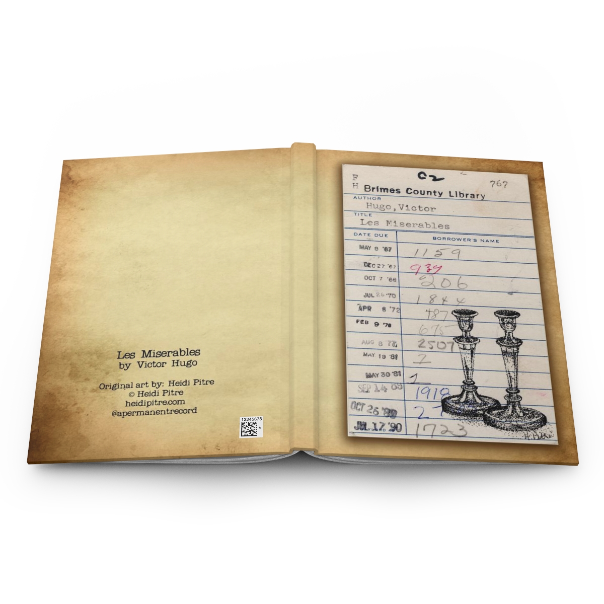 Heid Pitre writing journal with an old library borrowers card on the cover of Les Mis candlesticks for book lovers and librarians.
