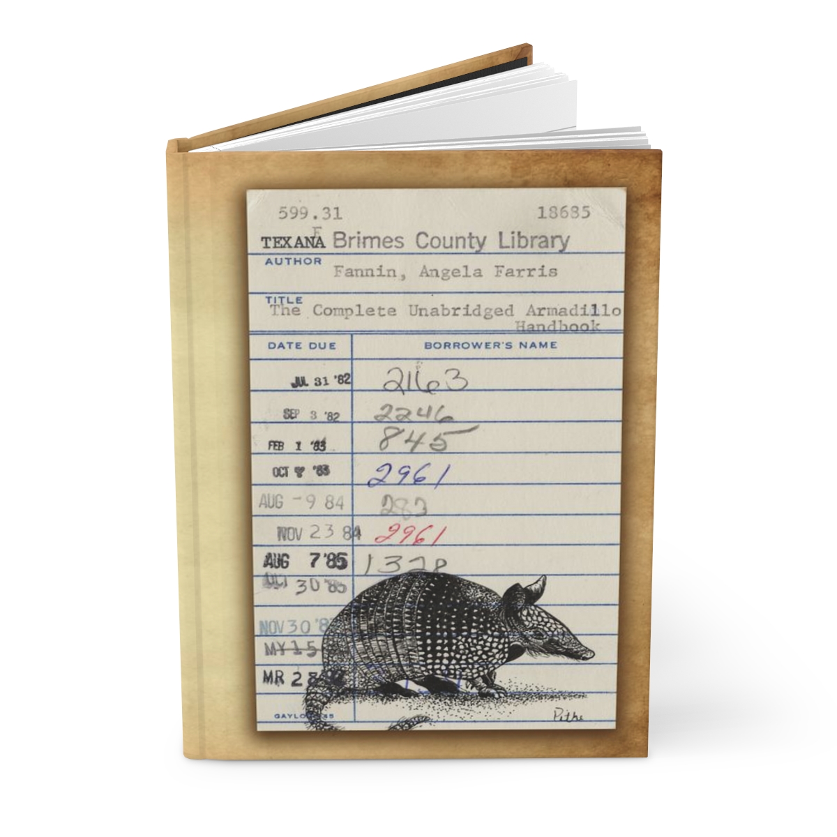 Heid Pitre writing journal with an old library borrowers card on the cover of an armadillo for book lovers and librarians.
